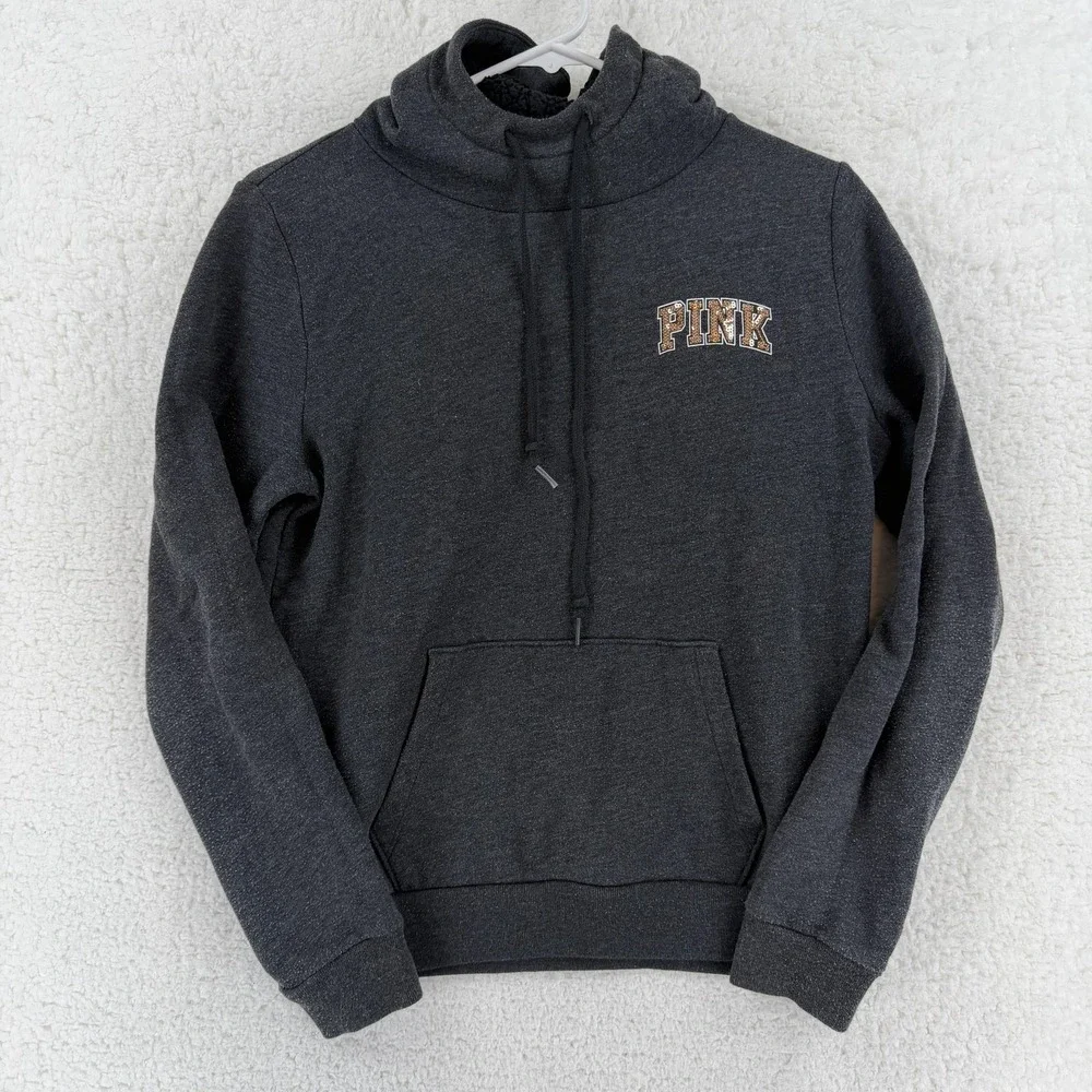Victoria's Secret PINK Sweatshirt Womens Small Gray Cowl‎ Neck Sequin Dog Fleece